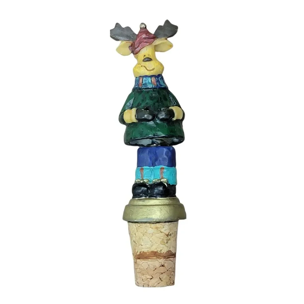 VTG 2000s Christmas Wine Bottle Stoppers Set 2 Pc Santa Reindeer Bobblehead Gift